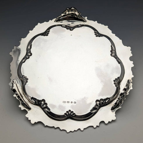 1899年 英国アンティーク 純銀製サルヴァ カードトレイ 直径21.5cm 400g Barker Bros